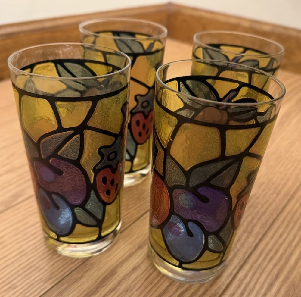 Vintage Set of 4 Fruit Stain Glass Style Drinking Glasses 4047/67